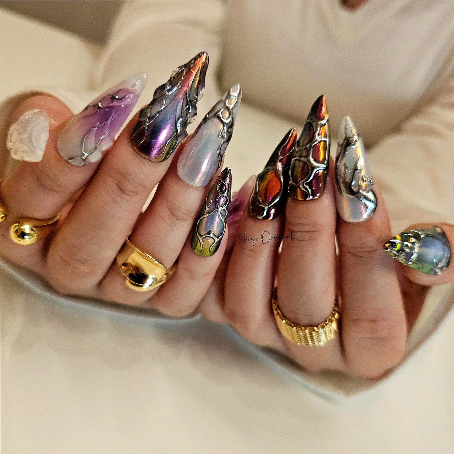 Free style chrome mirror gothic Nail press on, purple and black 3d Silver Metallic fake nail, holiday birthday gift for her, MO286
