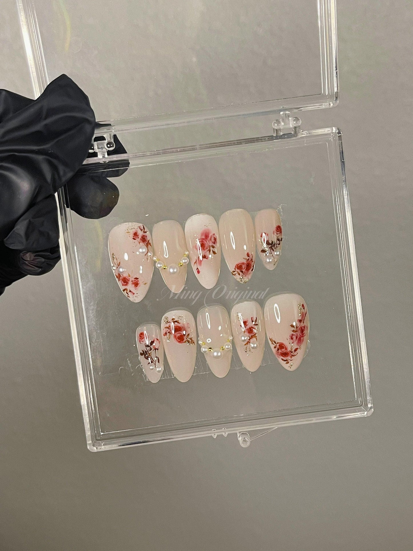 Nude Jelly Rose| Reusable Water Color Dry Rose Flower art nail, premium salon Press on Nail, French pearl nails, Handmade gel Nails