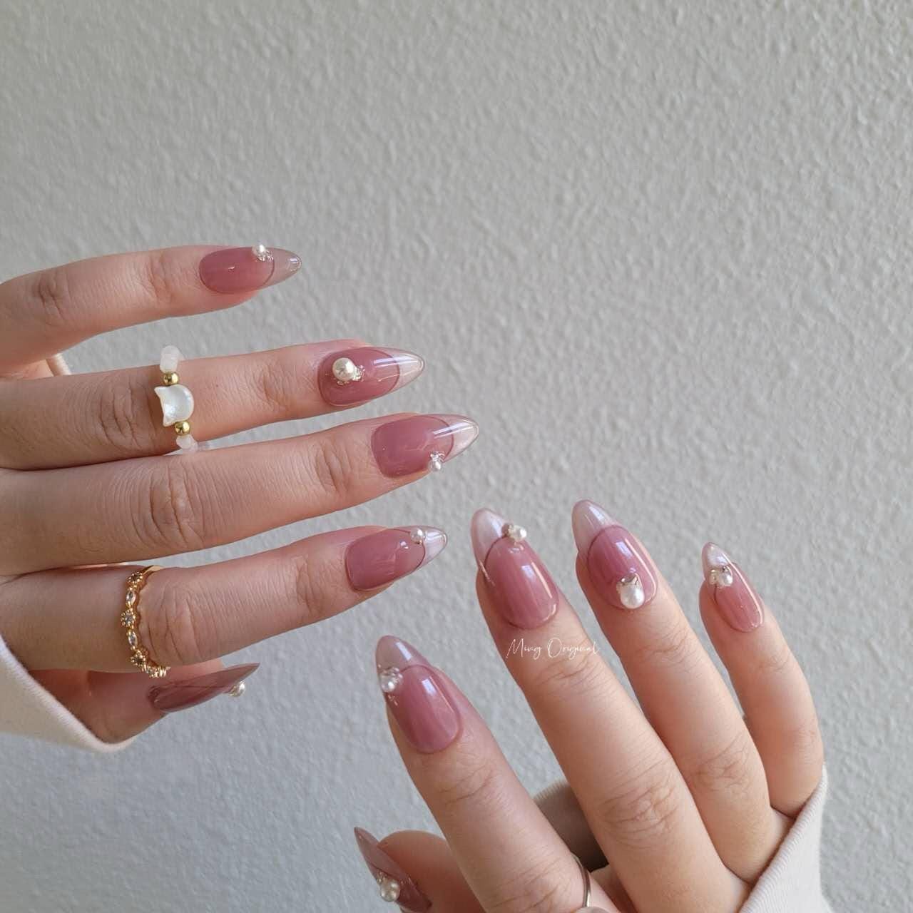 French Tip Collection| cute pink with pearl premium Press on Nails, handmade fake nails, gift for her,MO269