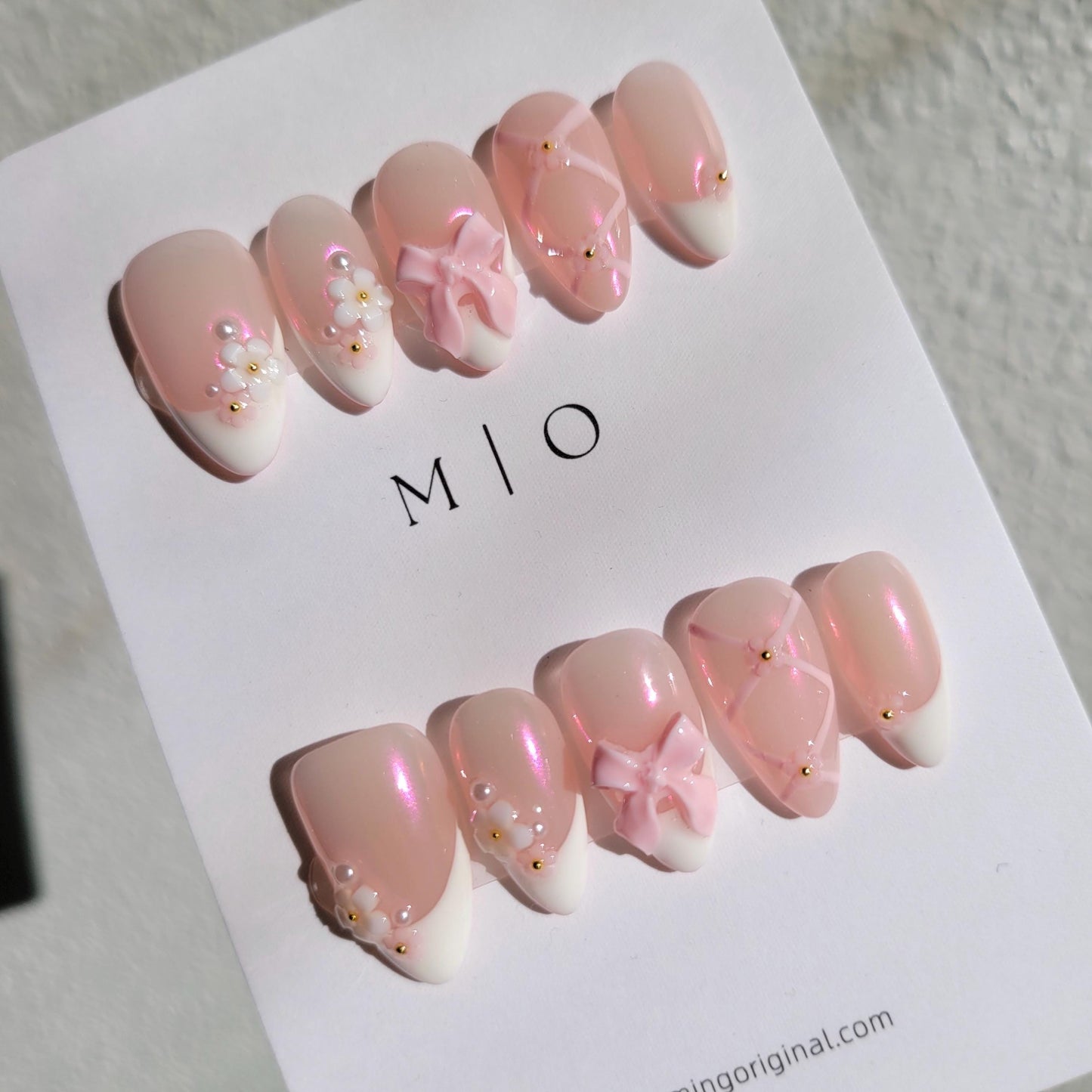 Pink little flower Press on Nails, French tip with bow coquette and ballet handmade Nails,MO277