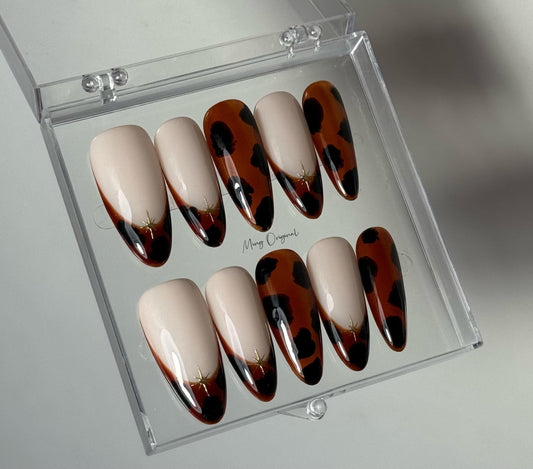 Classic French Tip Tortoise Shell Amber water blooming Press on Nails, Jelly hand painted nail, fall winter nail,gift for her,MO401