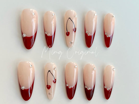 Summer Red 3d Cherry Nail,  Fruit Lover press on nails, Burgundy French Tip, Holiday Fake Nails, Gifts for Her