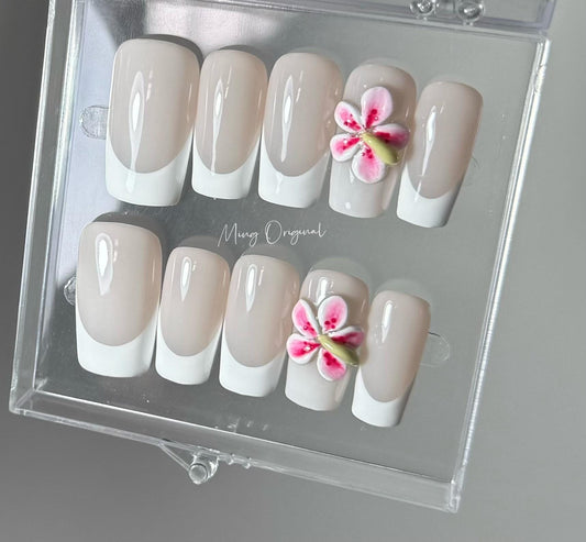 Love Minimalist French tip and little flower Press on Nails, pastel color 3d flower nail ,glue on nail, birthday holiday gift for her,MO363