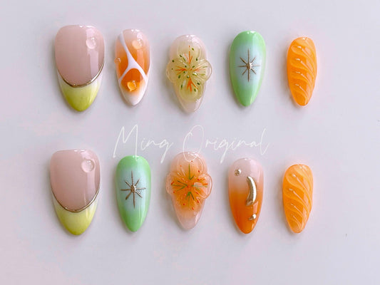 Summer Cute Free style 3D flower, airbrush press on nails, Fairycore Floral Nail , ombre color, French tip