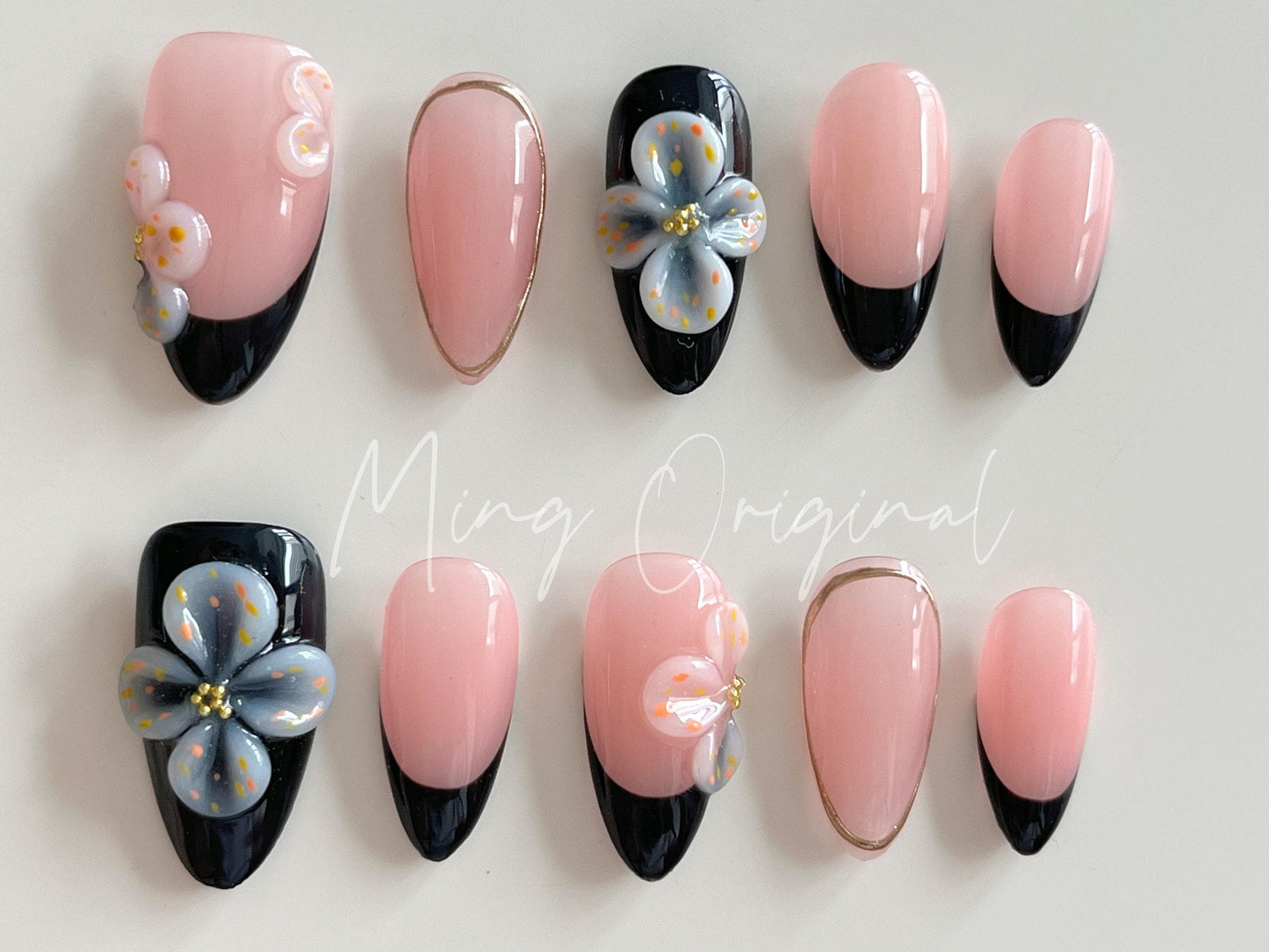 Summer White Flower 3D Free Style press on nails, Fairycore Floral Nail,  Black French Tip