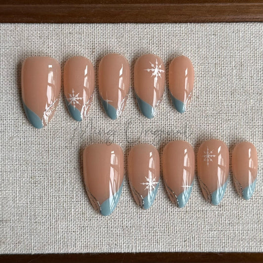Blue tip and snow Press on Nails, snowflake winter handmade Nails, French tip silver bling glitter Jelly Nails, MO443