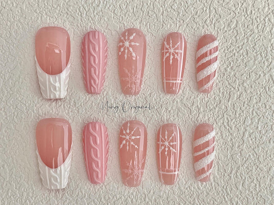 Pink Sweater Winter Xmas candy cane snowflake press on nails, Christmas and white glitter gel nail, glue on nail, gift for her,MO408