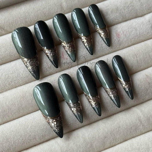 Emerald green and gold press on Nail, gold sparkling glittering French tip nails, cat eye nail, Holiday Fake Nails, Gifts for Her, MO444