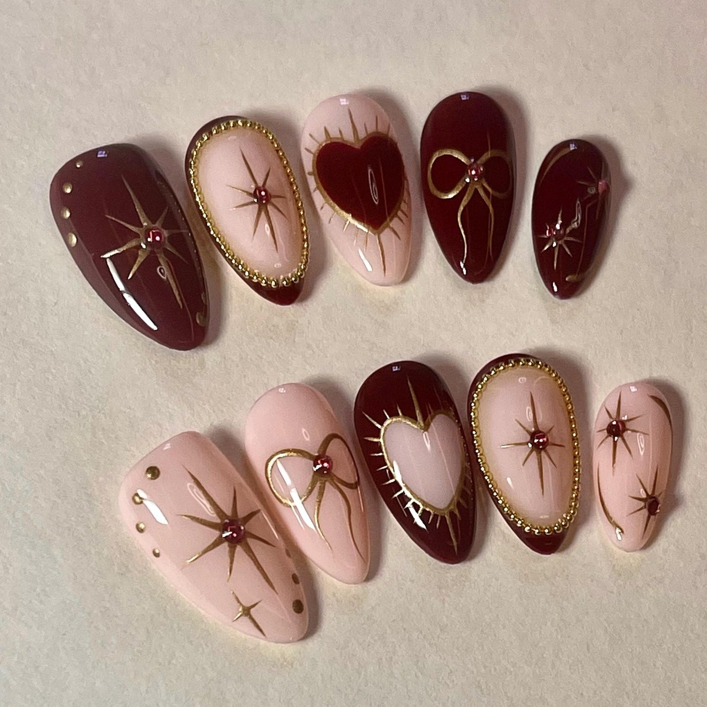 Simple nude red heart Press on Nails, gold chrome star free style bow coquette handmade Nails, valentine new year gift for her,MO383
