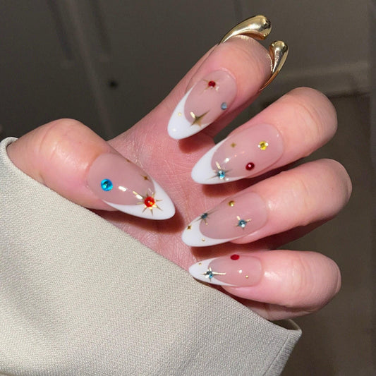 Nude Classic french press on nail, gold chrome star and multicolored rhinestones, Chic Fake nails for Christmas holiday