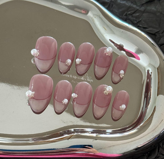 French Tip Collection| cute pink with pearl premium Press on Nails, handmade fake nails, gift for her,MO269