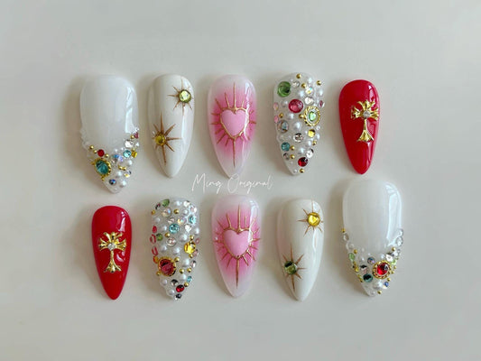 Pink Cupid love heart Press on Nails, chrome star free style multicolor rhinestone handmade Nails, valentine gift for her