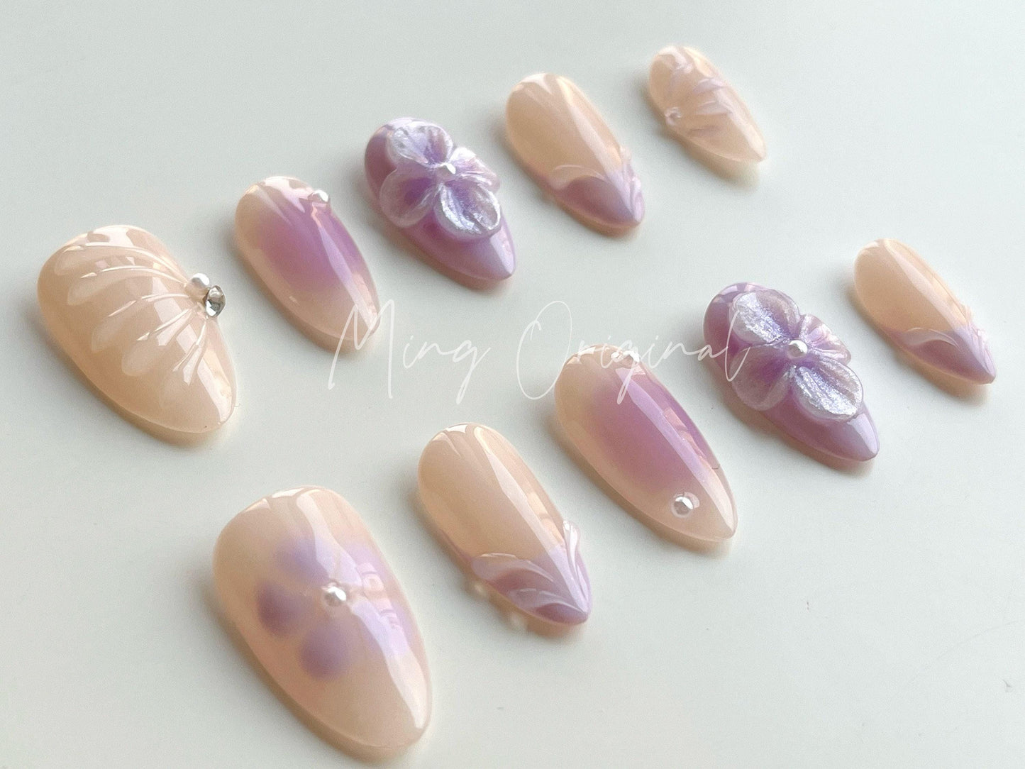 Purple Summer Flower 3D Free Style Nude press on nails, Fairycore Floral Nail, French Tip, airbrush ombre