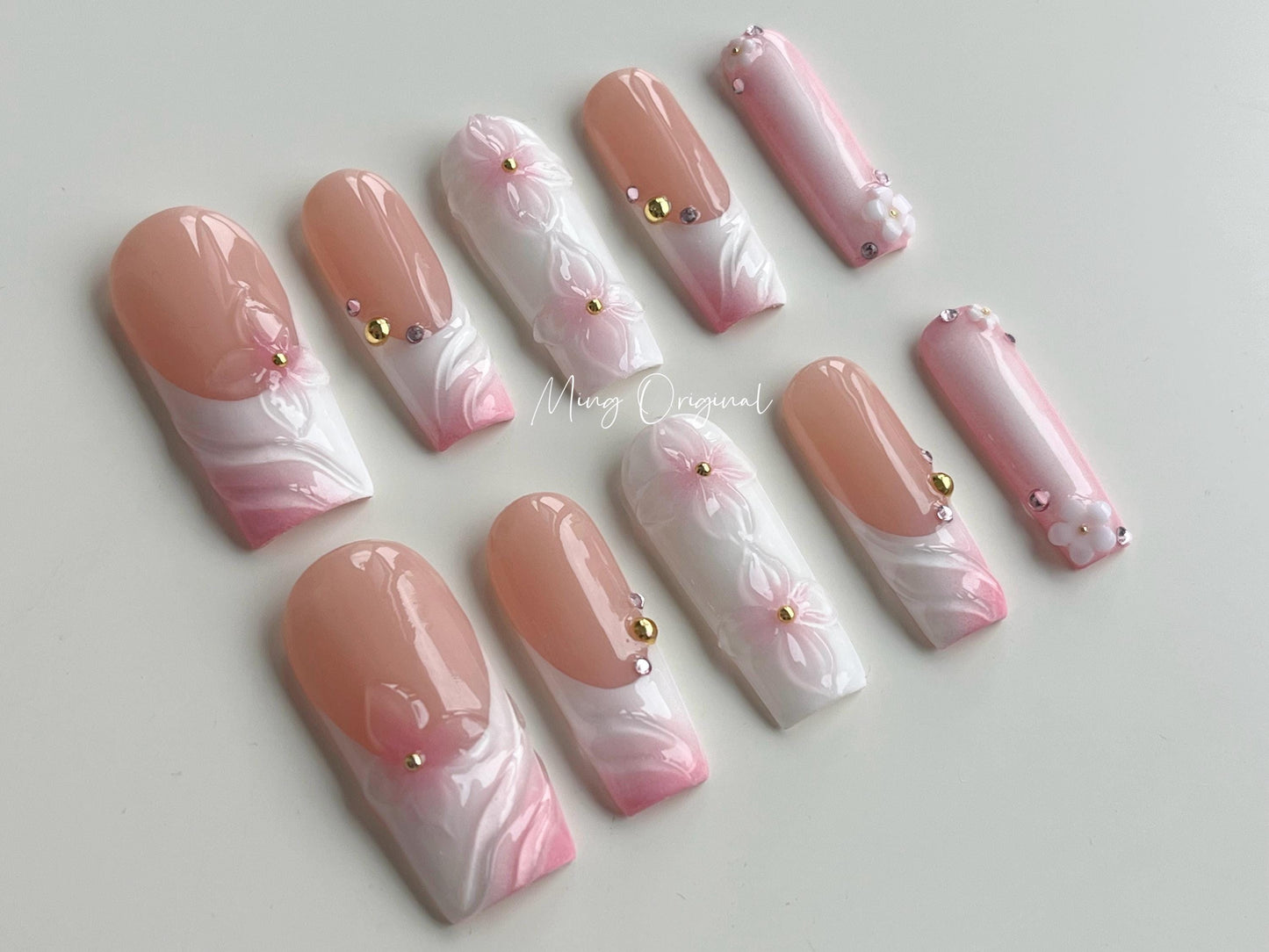 Pink 3D sculptured flower Press on Nails, Mermaid ombre french tip Nails, Clear Orchard Floral Nails, Jelly Nails, glue on nails, MO366