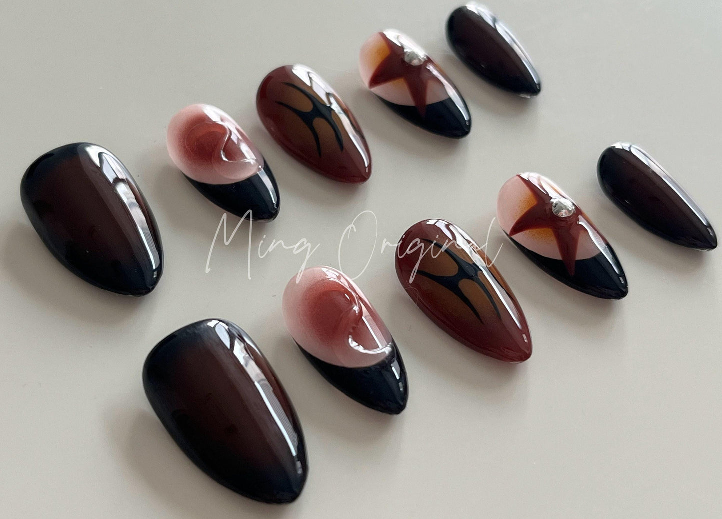Free style Autumn airbrush press on nails, Y2K star, ombre color, 3d nail,  French nails, ,hand painted nail, gift for her