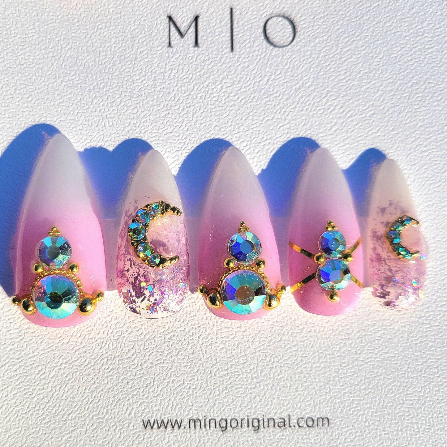 Super glittery AB gem crystal Nail press on, purple holo glitter ombre nail, Faded Milky white ,Celestial moon, gold toned luxurious nail