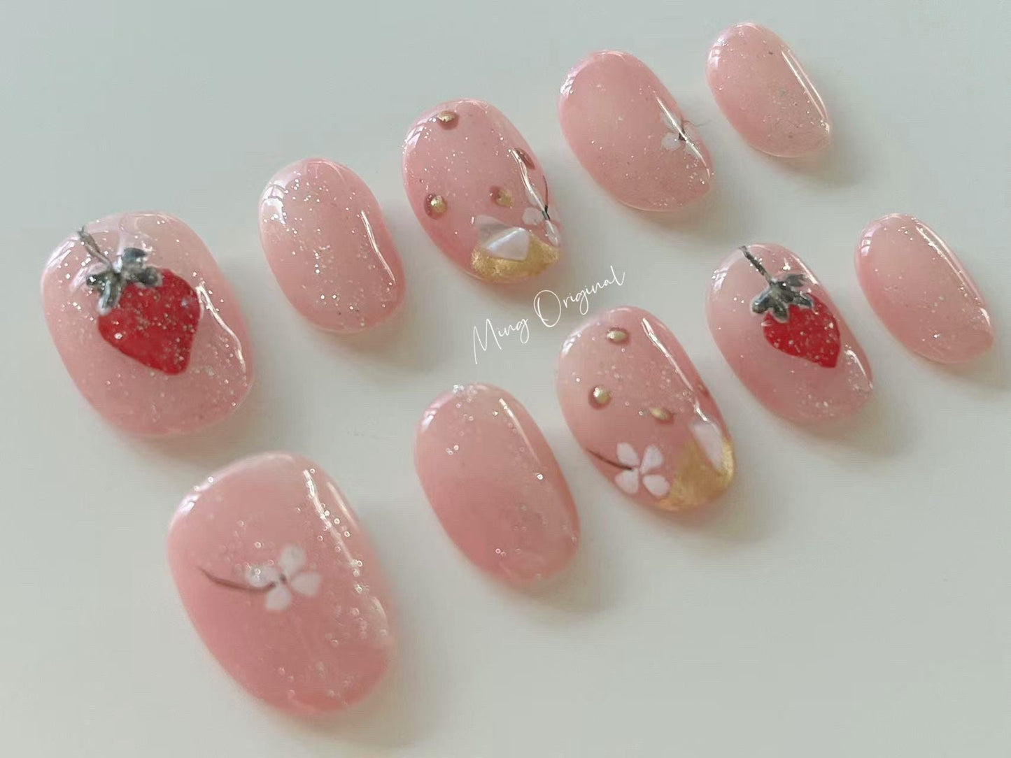 Pink Strawberry and floral press on Nail,  Fruit Lover press on nails, Gold Chrome, Holiday Fake Nails, Gifts for Her, MO252