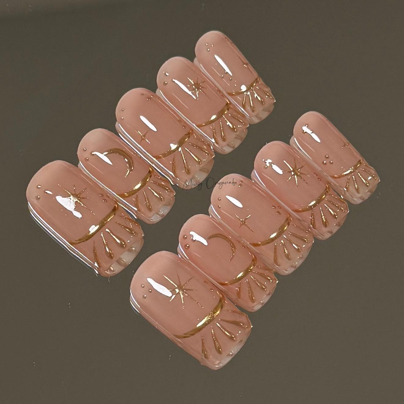Nude Free style French tip Chrome gold press on nails, Everyday nail, nude handmade art nail, wedding bridal nail,  gift for her, MO424