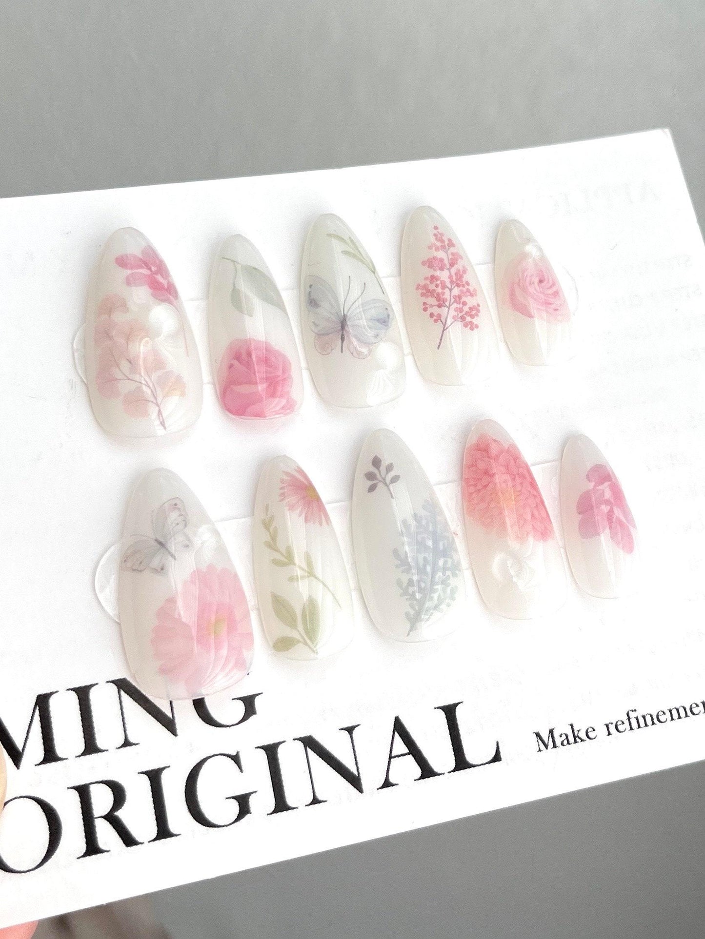 Da Milk Bath | Butterfly and Floral Press on Nails, Pastel Pink Fake Nails, Handmade Gel Nails, Jelly Nails, jewel nail