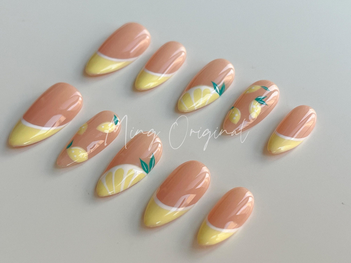Summer Fruit Lover Lemon press on nails, French Tip, Gifts for Her