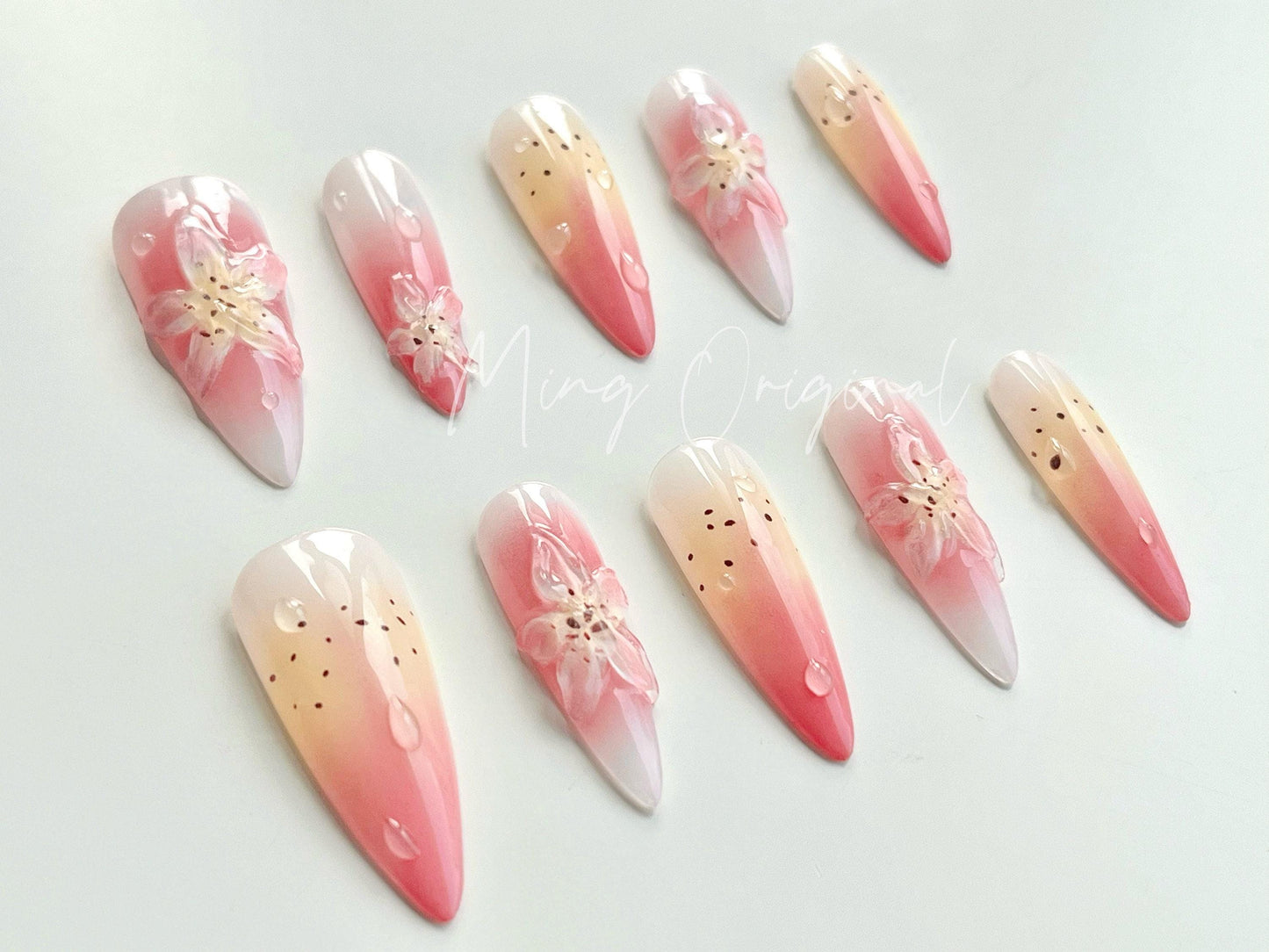 Soft Pink Summer 3D Lily Flower Free Style press on nails, Fairycore Pink and Yellow Floral airbrush ombre