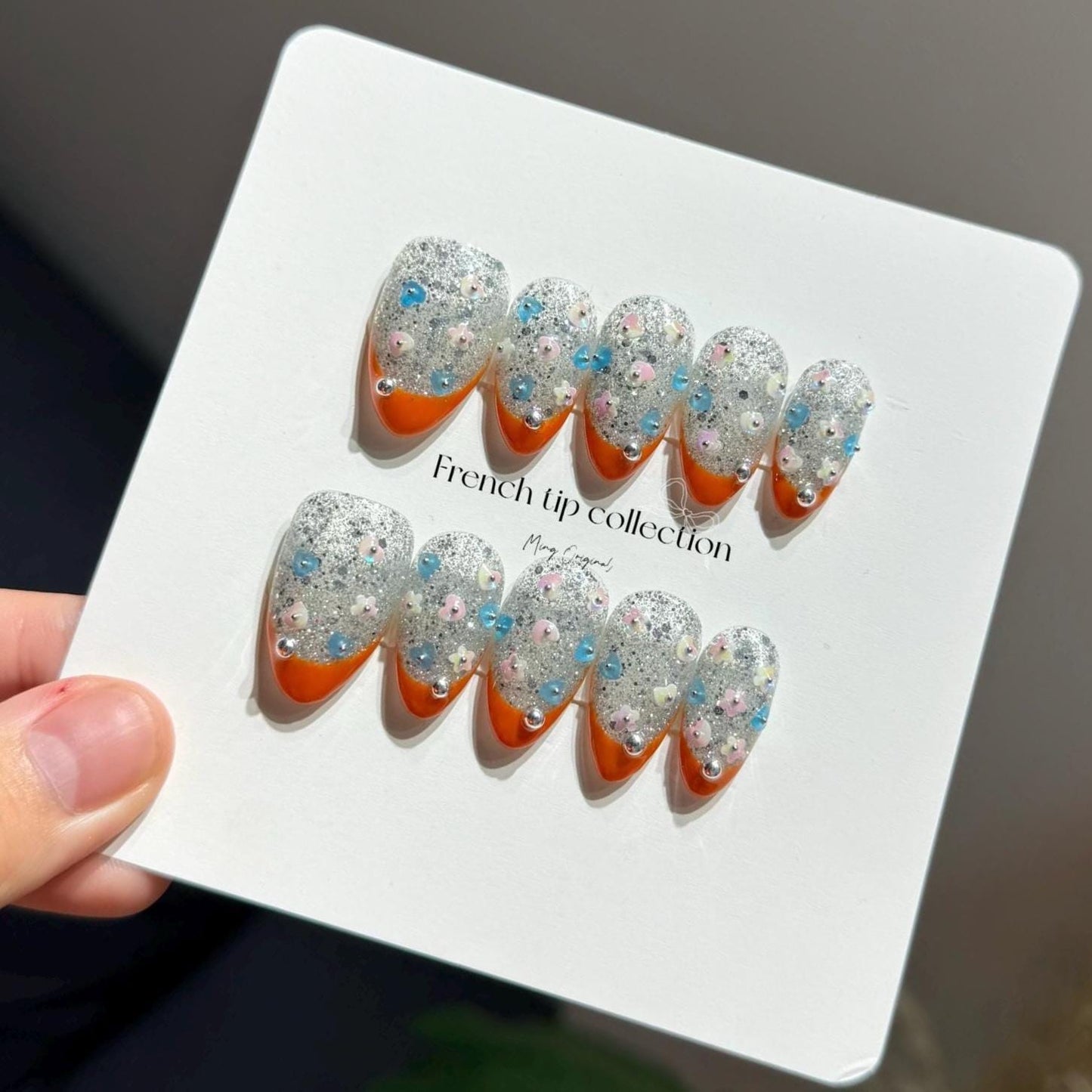 French tip collection, orange with glittery little cute flower and heart Press on Nails, winter glue on nail, holiday gift for her, MO291