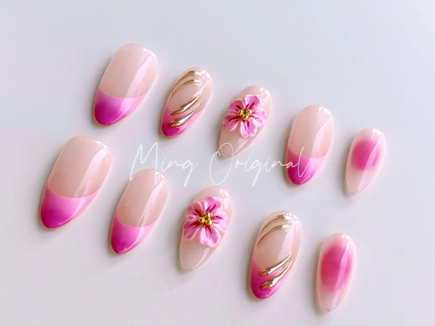 Pink Summer Flower 3D Free Style press on nails,Fairycore Floral Nail, Pink French Tip, Vibrant airbrush ombre