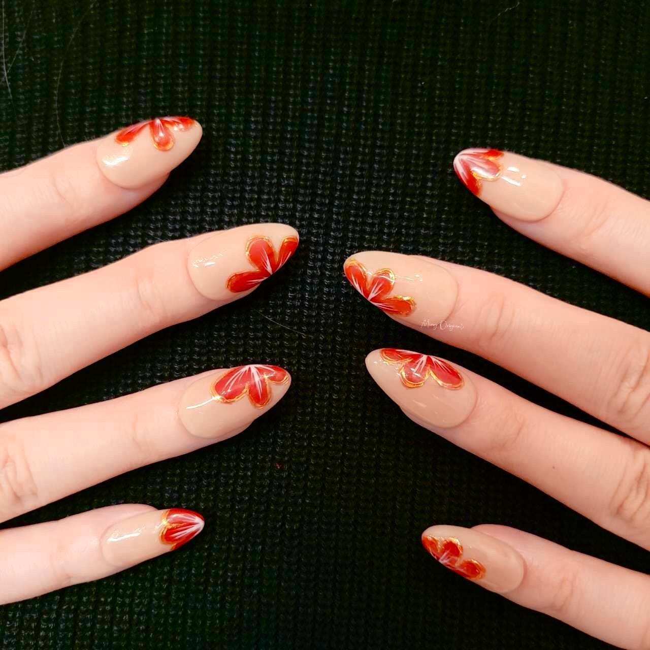 Nude red blossom sculptured flower Press on Nails, Gold Frame Orchard Floral Nails, Jelly Nails, Christmas gift for her, MO302