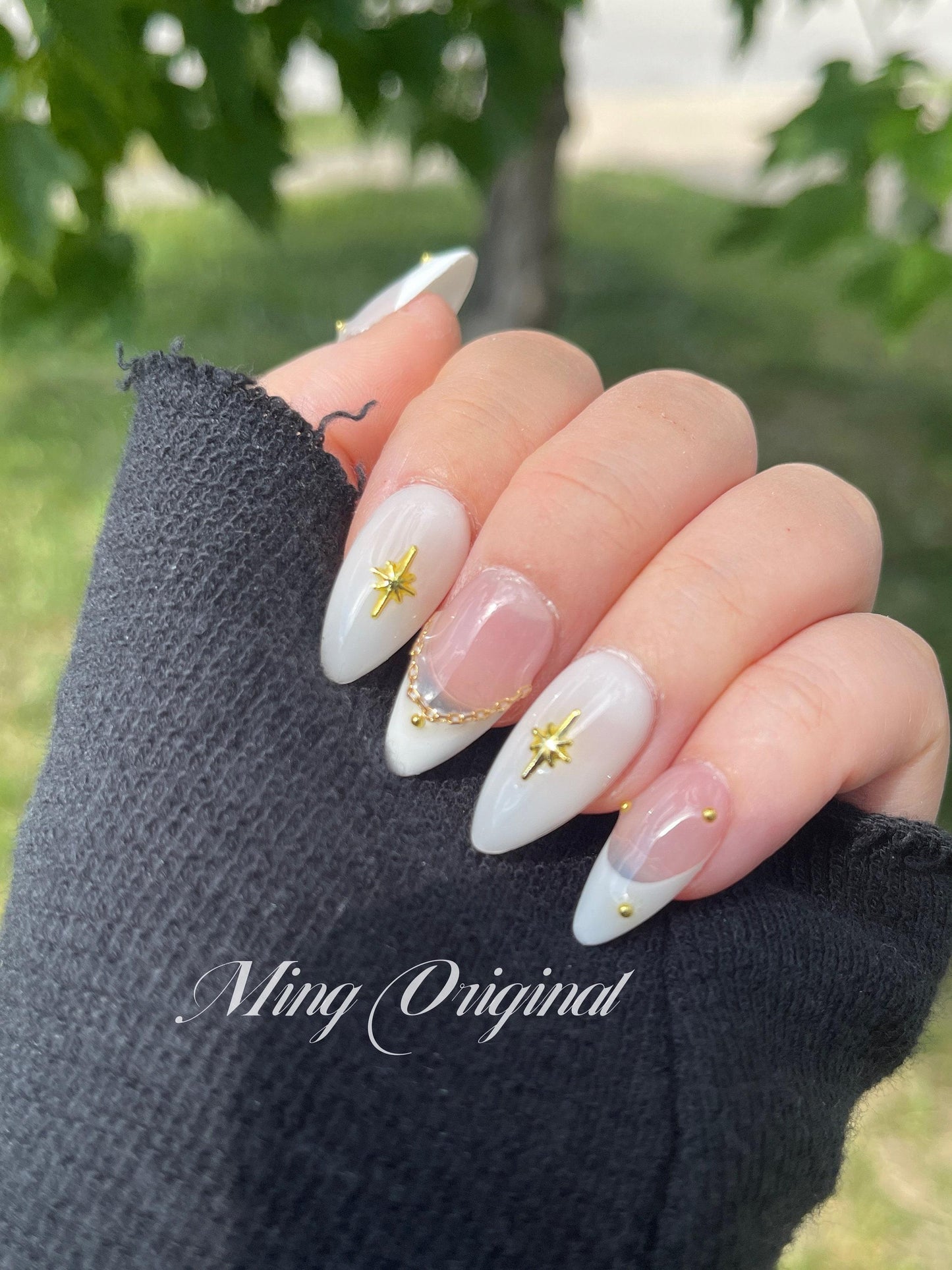 White french star moon press on nail, milk bath color, gold charm and chain Fake nails