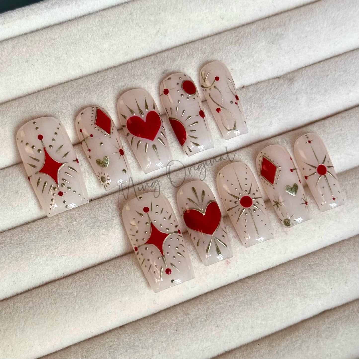 Celestial red heart and sun chrome Press on Nails, hand painted free style heart handmade Nails, vintage style, gift for her, MO437