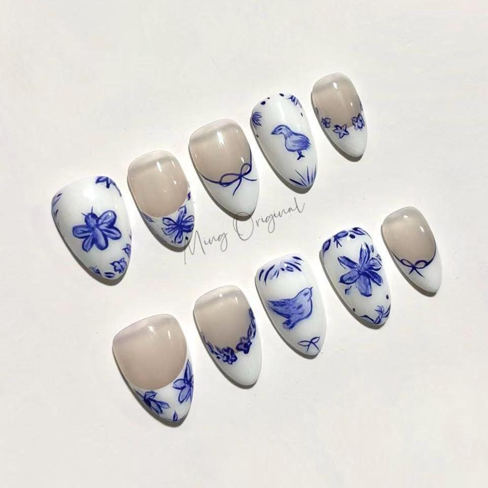 Ceramic porcelain spring cute bird and bee press on nail, white french tip floral bow coquette nails, glue on nail, gift for her, MO434