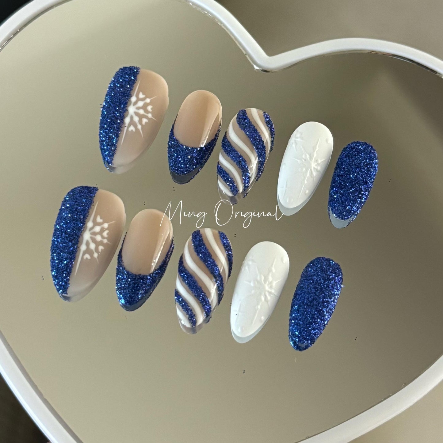 Blue Candy Cane press on Nail, White snowflake and abstract glitter French tip nails, glue on nail, Holiday Fake Nails, Gifts for Her, MO406