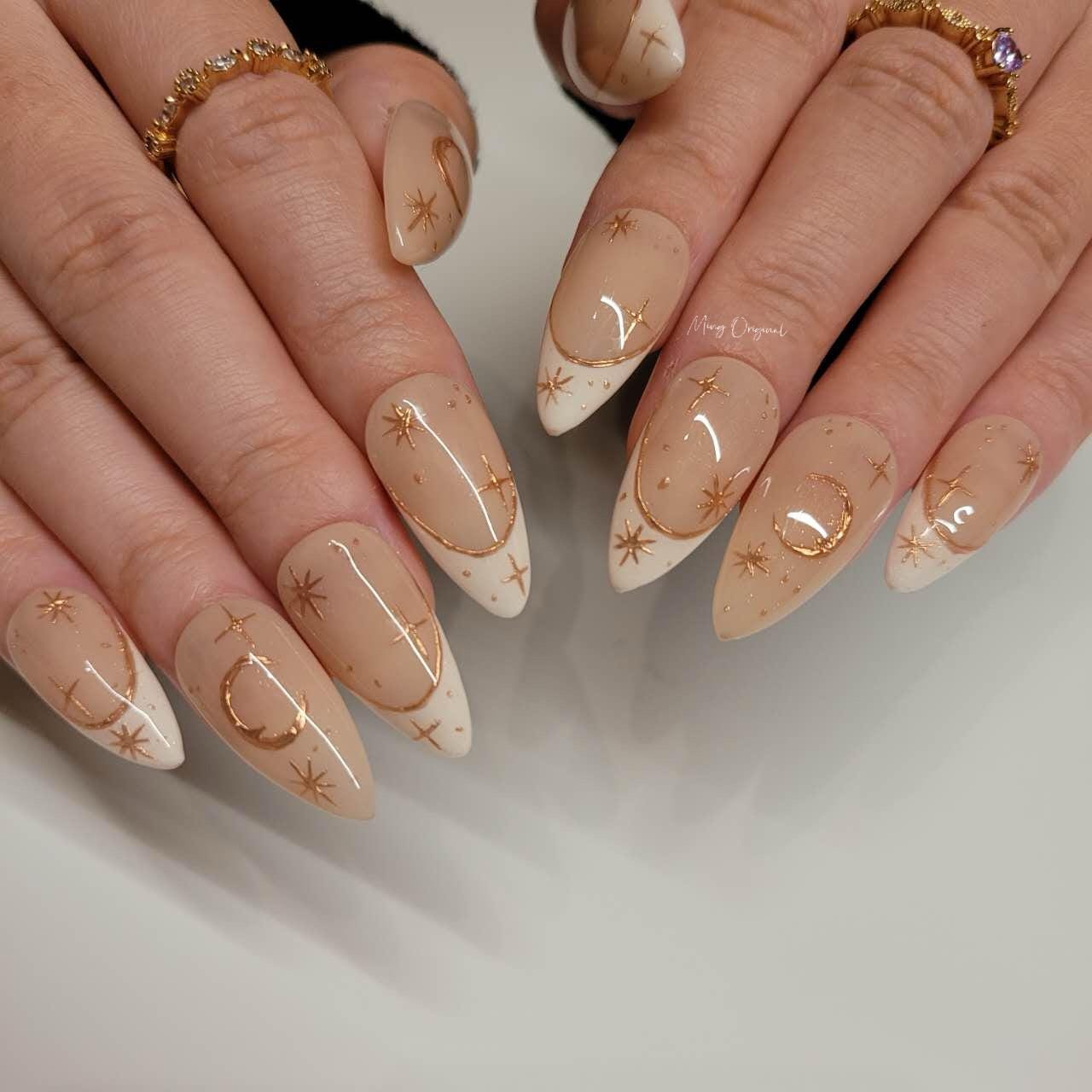 Moon and Star Gold chrome nude Press on Nails, French tip hand painted free style fake Nails, MO254