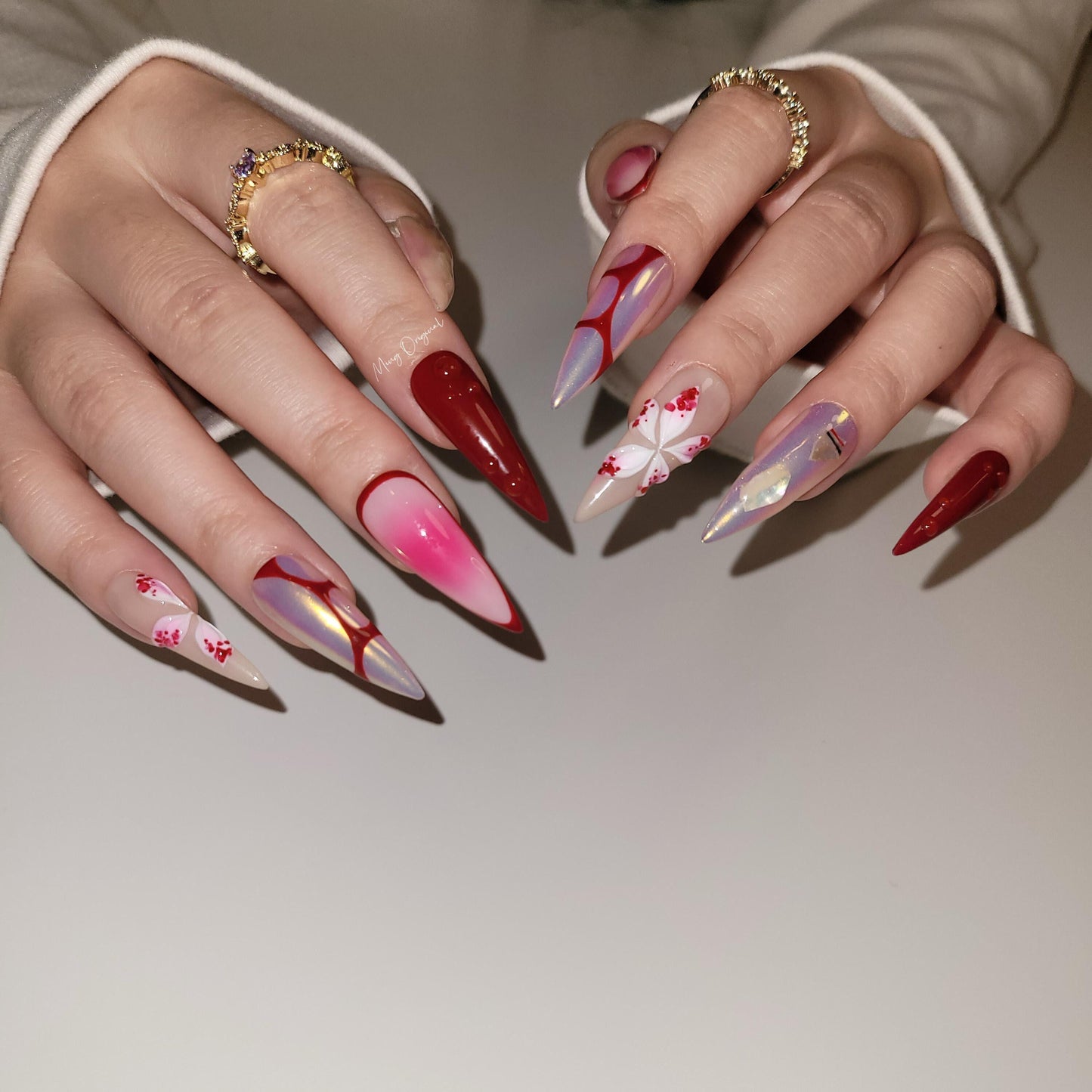 Red Halloween Orchid lily flower Press on Nails, chrome nail, red abstract line, free style 3d sculpted Fairycore Tropical Floral