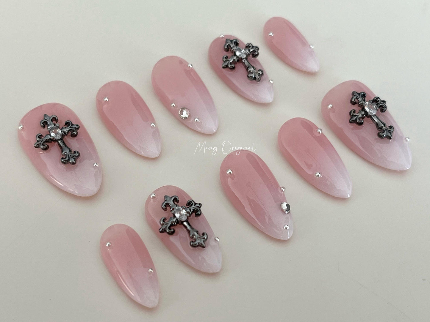 Pink Ombre Gradient Fade White Press on Nails, chrome heart cross jelly nail, Soft Pink Baby Boomer Fake nails, birthday gift for her,MO331