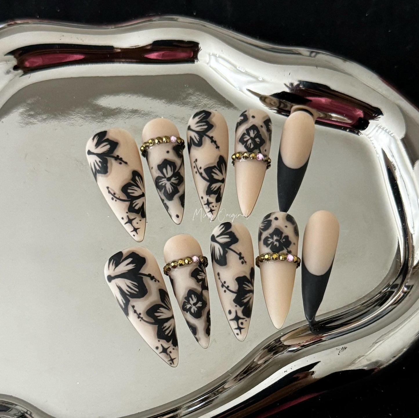 Shadow flower Press on Nails,  Black Orchard Floral Nails, matte Jelly Nails, gift for her, MO251