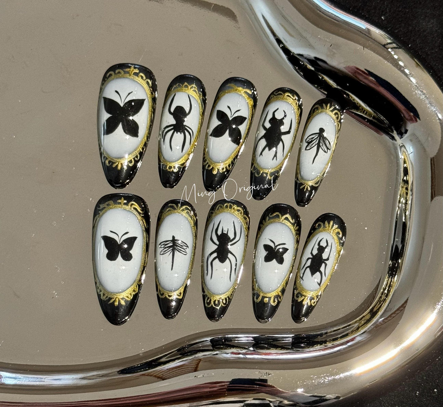 Bug gallery Insect lover press on nails, gold framed beetles butterflies moths reuse nails, fake nail, glue on nail, gift for her, MO273
