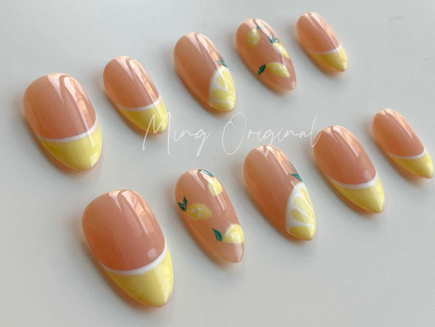 Summer Fruit Lover Lemon press on nails, French Tip, Gifts for Her