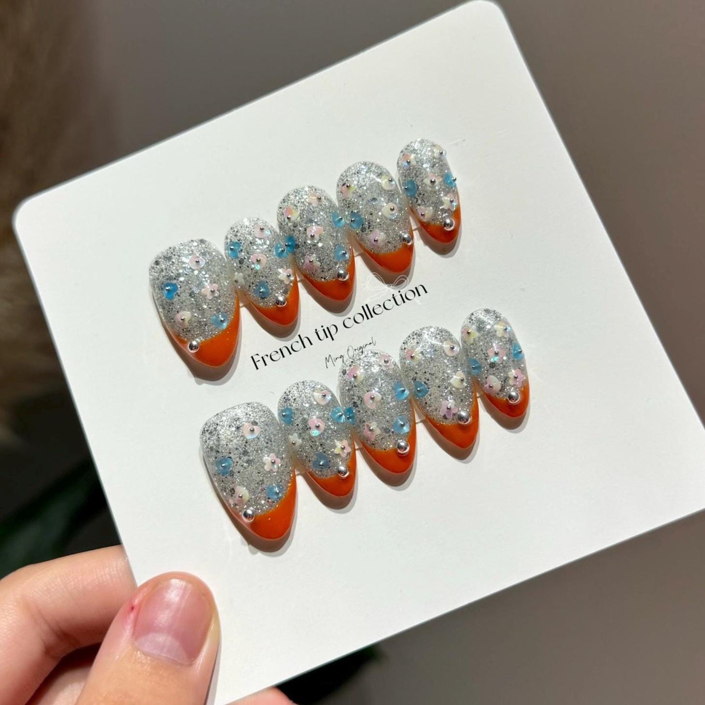 French tip collection, orange with glittery little cute flower and heart Press on Nails, winter glue on nail, holiday gift for her, MO291