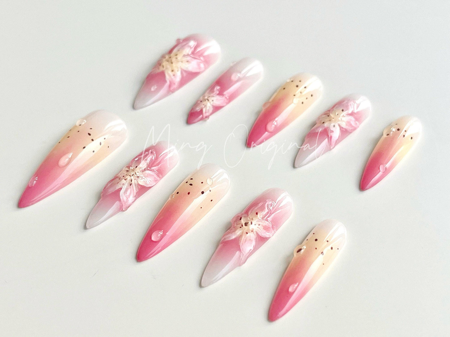 Soft Pink Summer 3D Lily Flower Free Style press on nails, Fairycore Pink and Yellow Floral airbrush ombre