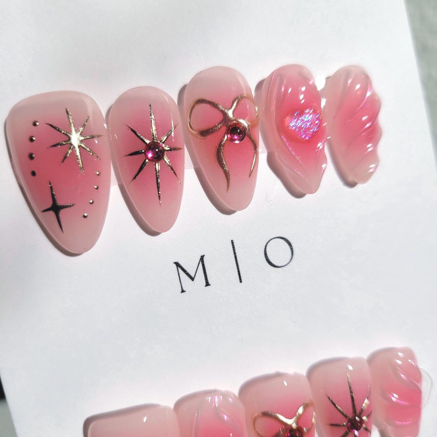 3d blushed pink glittery heart and bow coquette aura chrome Press on Nails,ombre milky white free style 3d swirls heart handmade Nails,MO274