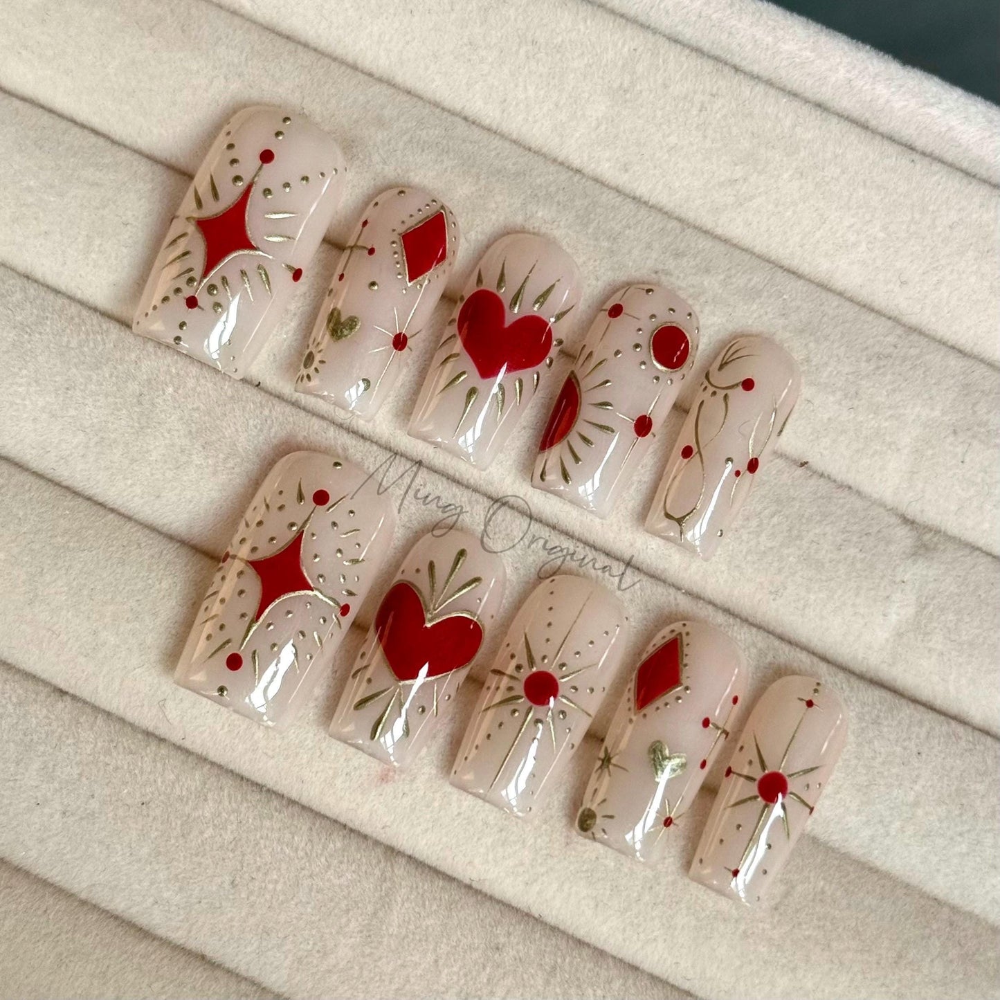 Celestial red heart and sun chrome Press on Nails, hand painted free style heart handmade Nails, vintage style, gift for her, MO437
