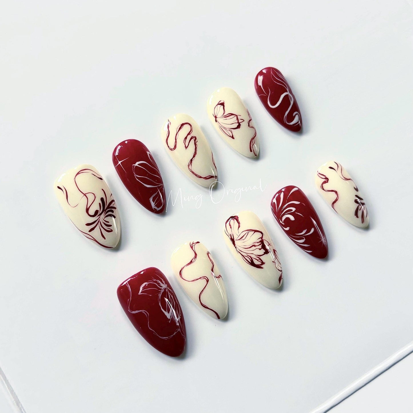 Free style Red butterfly ribbon Press on Nails, hand painted premium handmade Nails, detailed Jelly Nails, glue on nail, gift for her MO342