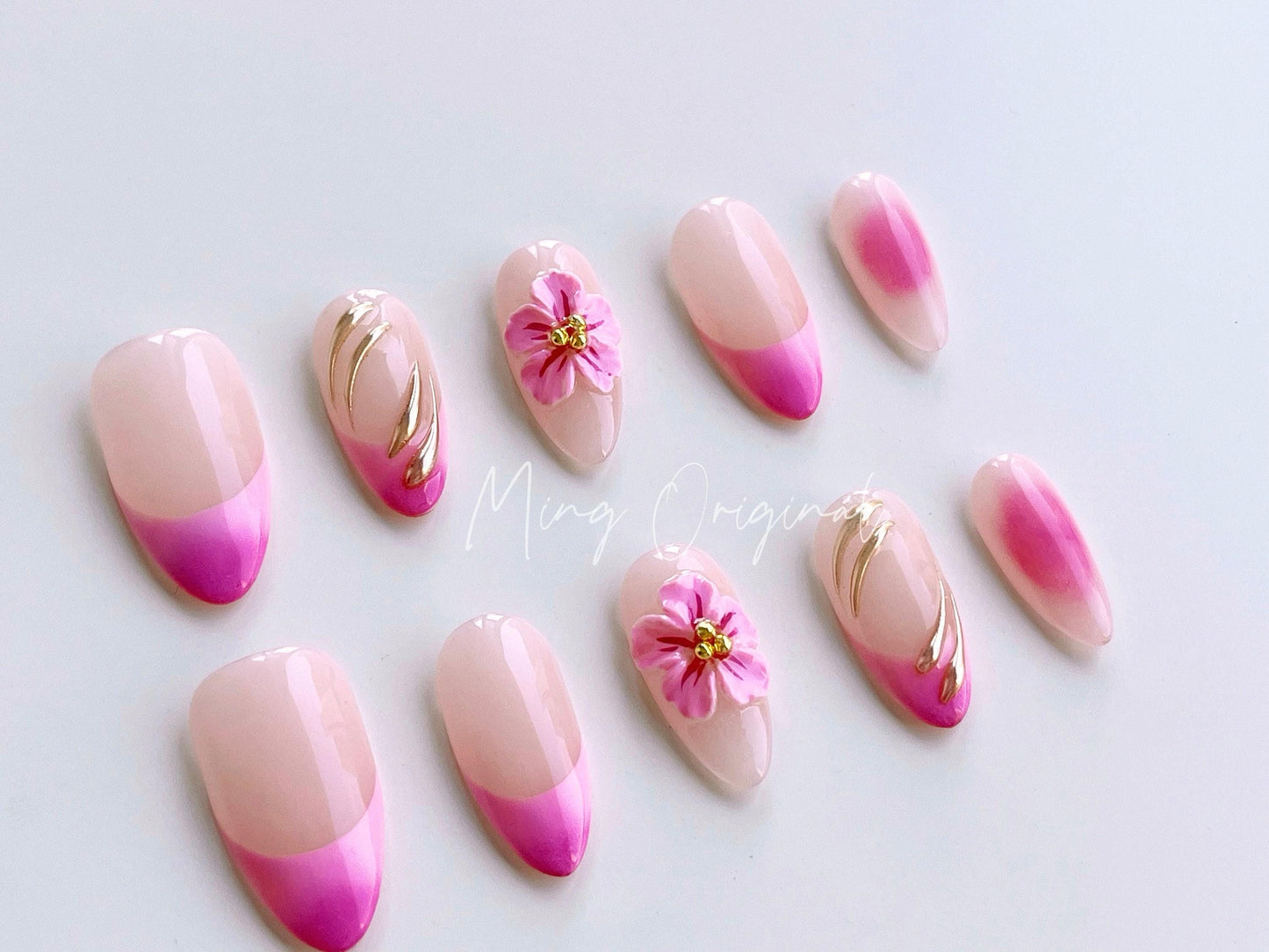 Pink Summer Flower 3D Free Style press on nails,Fairycore Floral Nail, Pink French Tip, Vibrant airbrush ombre