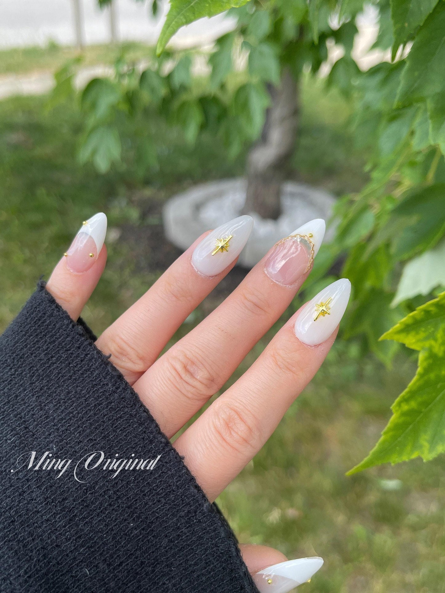 White french star moon press on nail, milk bath color, gold charm and chain Fake nails