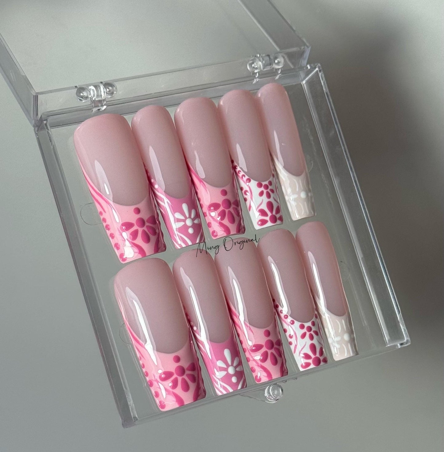 Pink boho French tip patchwork Press on Nails, hand painted artist Nails, glue on nail, birthday holiday gift for her MO390