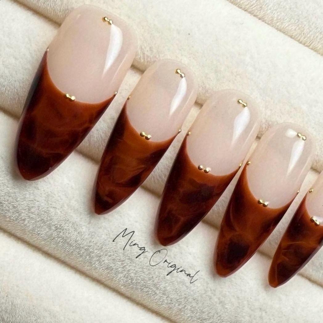 French Tip Tortoise Shell Amber water blooming Press on Nails, Jelly hand painted nail, fall winter nail,gift for her