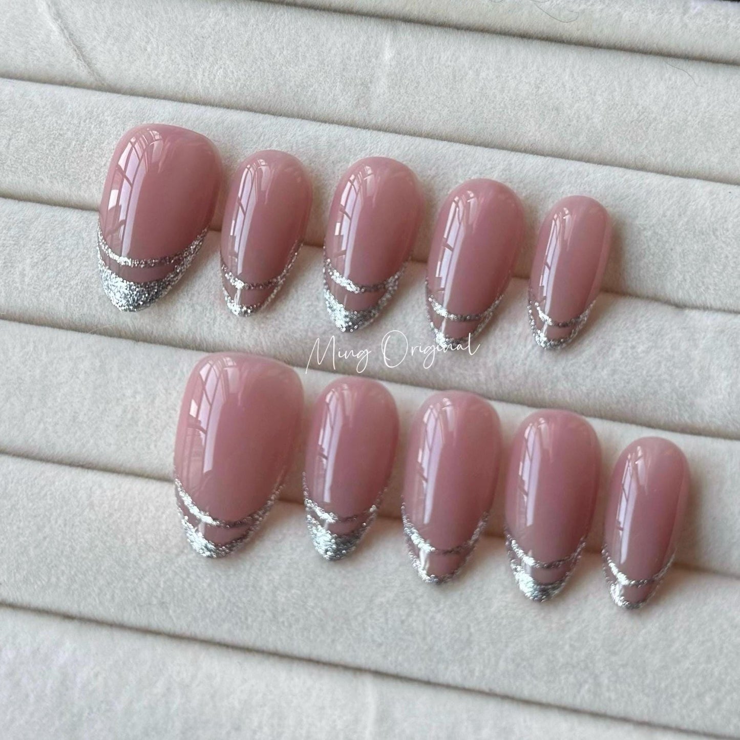 French Tip Collection, silver glitter  tip Press on Nails, pink glittery everyday nail ,glue on nail, birthday holiday gift for her,MO328