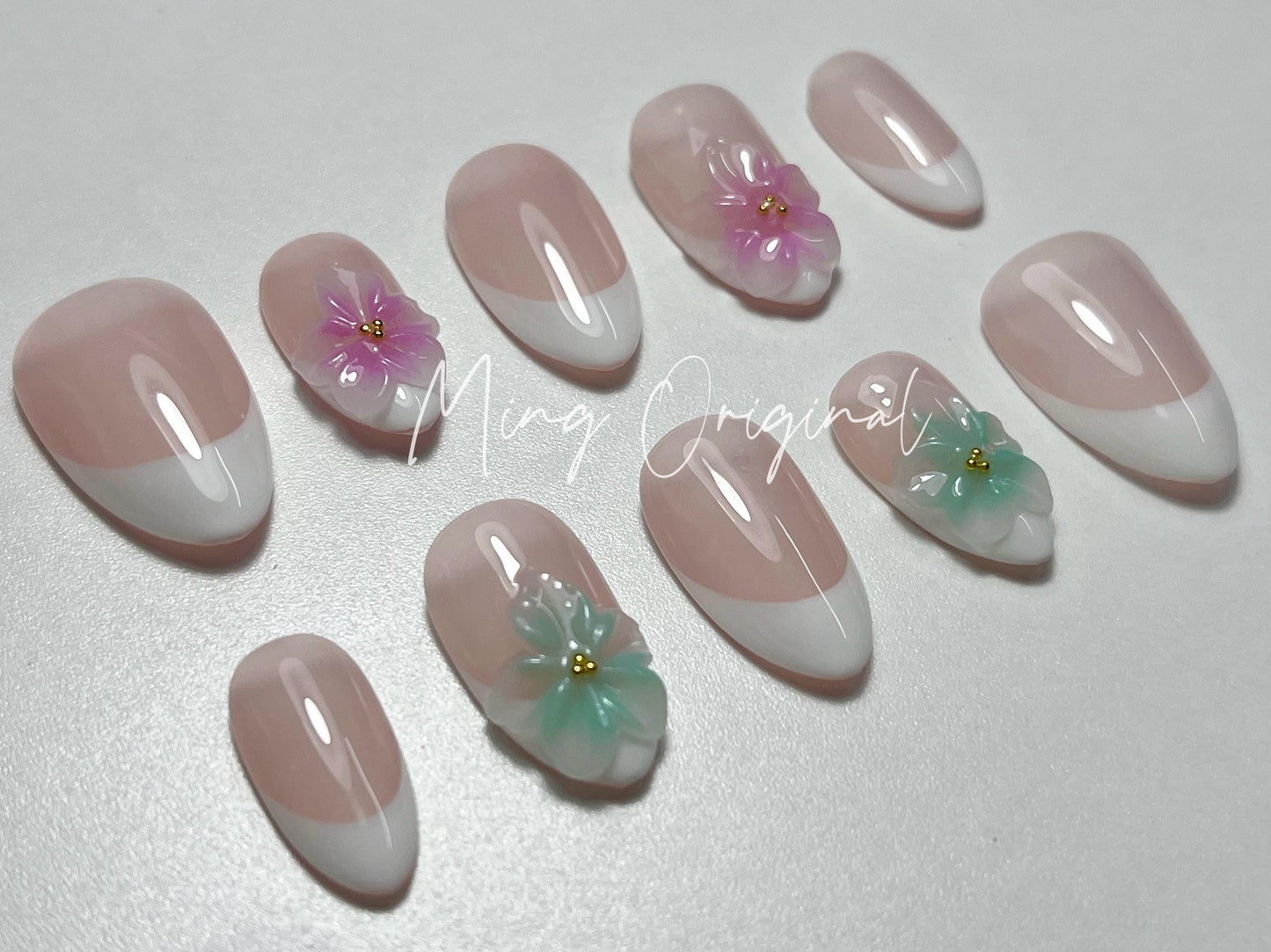 Simple Pastal Pink and Green Summer Jelly Flower 3D Free Style with Pearls press on nails, Fairycore Floral Nail, French Tip