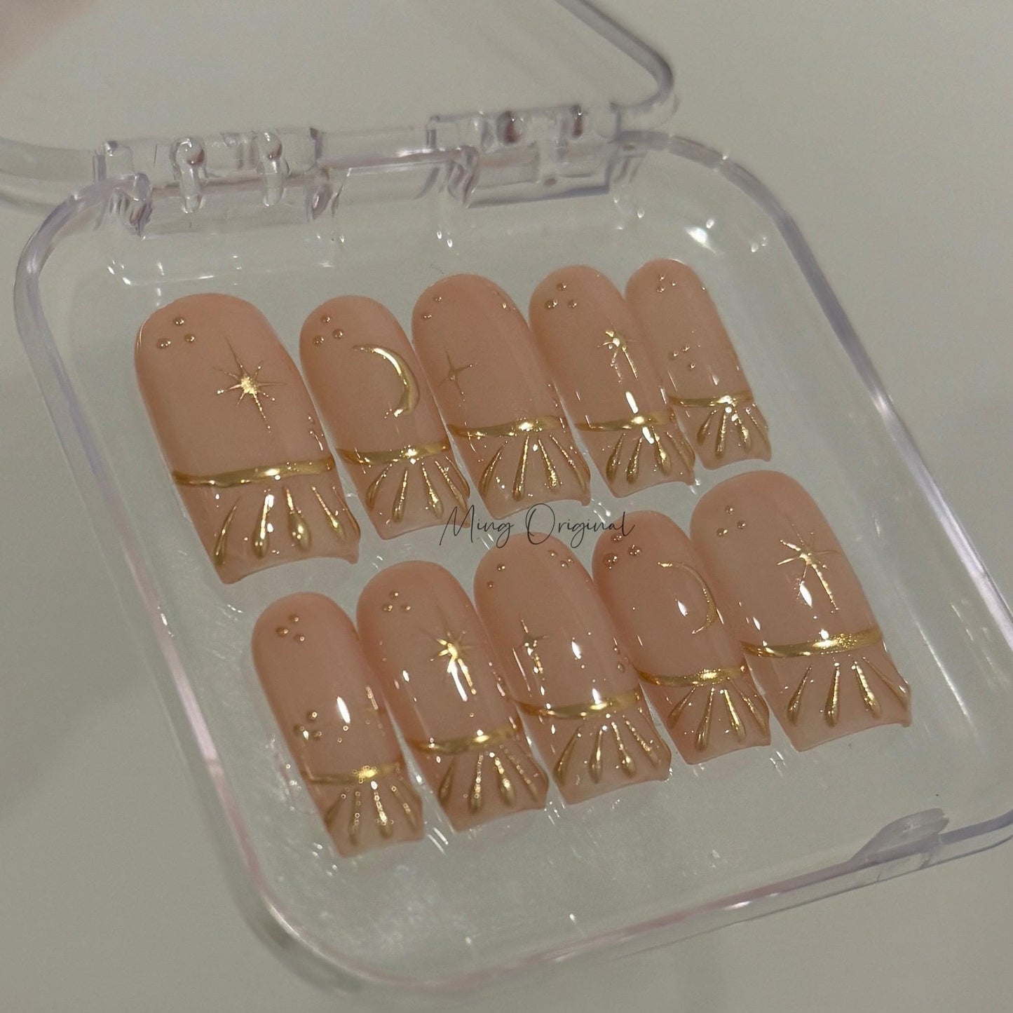 Nude Free style French tip Chrome gold press on nails, Everyday nail, nude handmade art nail, wedding bridal nail,  gift for her, MO424